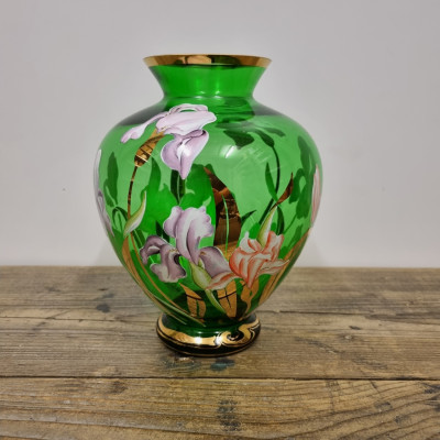 Váza zelené sklo,malované květiny
