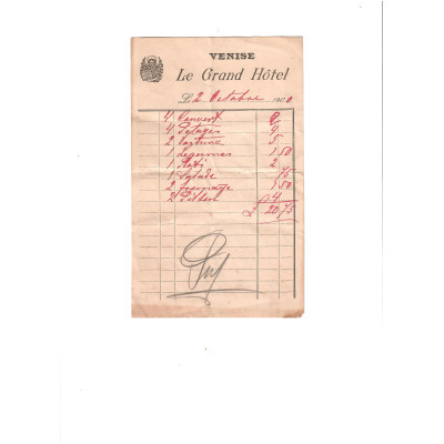 Účtenka z Grand Hotelu v Benátkách 1900