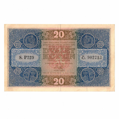 Papírová bankovka, 20 korun Československých, r.1919,...