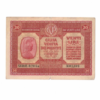 Papírová bankovka, 20 lir, r.1918, série B 204 a, č. 01309
