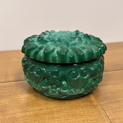 Malachitová dóza - šperkovnice "slunečnice", jade sklo