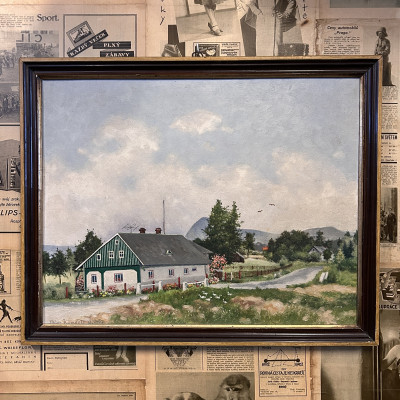 Obraz chalupa v krajině, malíř Viktor Kumnošt 1967