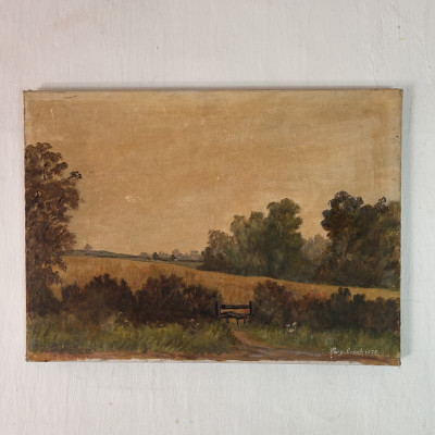 Obraz krajinka Čas sklizně, signováno Mary Crouch 1975