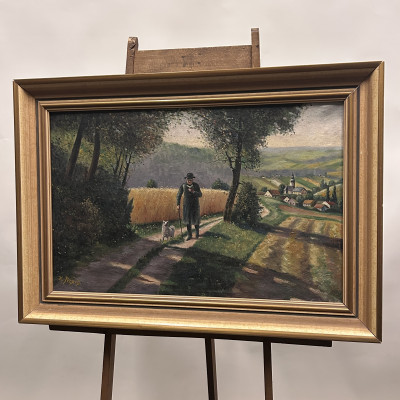 Obraz farář na procházce, signováno K. Jirsch.