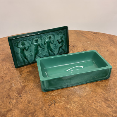 Malachitová dóza - šperkovnice, jade sklo - motiv Tři...