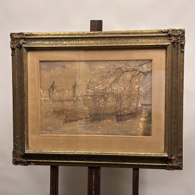 Obraz akvarel Praha: podzimní nálada na Vltavě, signováno...